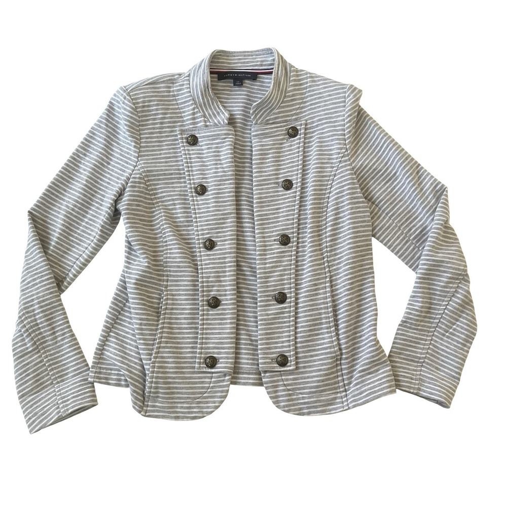 Tommy Hilfiger Women's Size S Blazer Gray White Stripe 95% Cotton Old Money Work